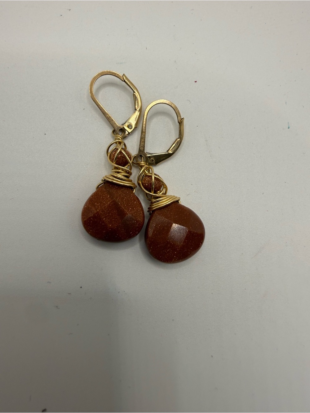 Gold-Tone Brown Goldstone Teardrop Wire Wrap Earrings